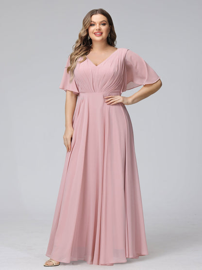 Robe de Demoiselled'Honneur Trapèze, Col en V, Manches Mi-Longues, en Mousseline, Grande Taille avec Poches à Volants