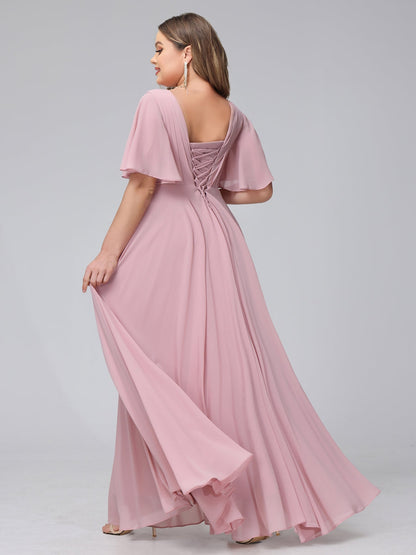 Robe de Demoiselled'Honneur Trapèze, Col en V, Manches Mi-Longues, en Mousseline, Grande Taille avec Poches à Volants