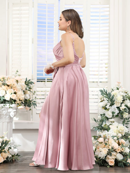 Robe de Demoiselled'Honneur Trapèze en Satin de Soie, Grande Taille, Sans Manches, Fendue Sur le Côté, Longueur au Sol, Bretelles Spaghetti, Froncée