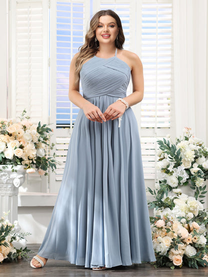 Robe de Demoiselled'Honneur Grande Taille, Coupe Trapèze, Dos Nu, Sans Manches, Froncée, Longueur au Sol, en Mousseline