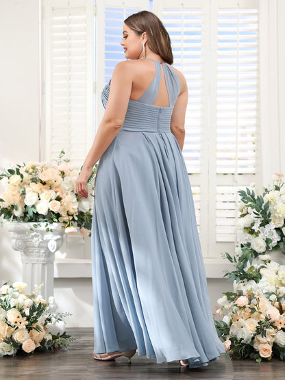 Robe de Demoiselled'Honneur Grande Taille, Coupe Trapèze, Dos Nu, Sans Manches, Froncée, Longueur au Sol, en Mousseline