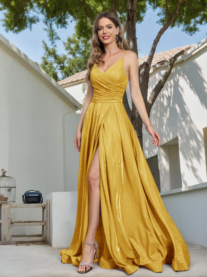 A-ligne Bretelles Spaghetti Col en V Sans Manches Lurex Métallisé Longues Robes De Bal