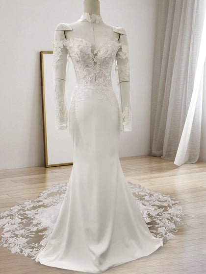 Robes de Mariée Sirène/Trompette en Dentelle à Manches Longues et Décolleté en Cœur