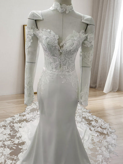 Robes de Mariée Sirène/Trompette en Dentelle à Manches Longues et Décolleté en Cœur