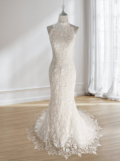 Robes de Mariée Trompette/Sirène à Col Haut Sans Manches et Froncées