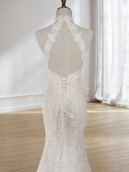 Robes de Mariée Trompette/Sirène à Col Haut Sans Manches et Froncées