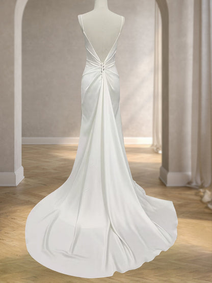 Robes de Mariée Trapèze/Princesse à Col en V Sans Manches et Froncées