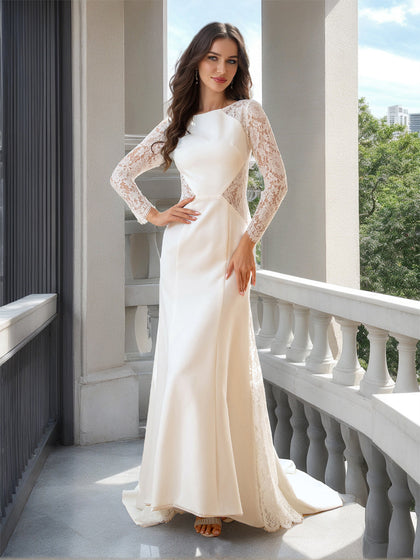 Robes de Mariée Ligne A/Princesse avec Col Rond et Manches Longues en Dentelle