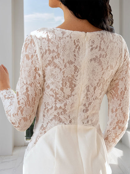 Robes de Mariée Ligne A/Princesse avec Col Rond et Manches Longues en Dentelle