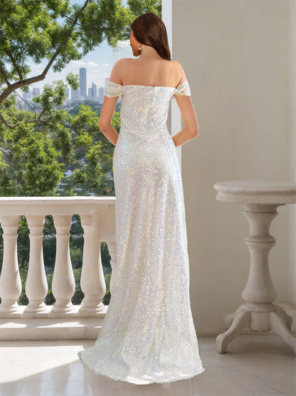 Robes de Mariée Scintillantes Échancrées à Fente Haute, Style Fourreau/Colonne, Décolleté Bardot