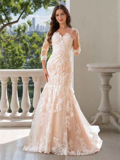 Robes de Mariée Sirène/Trompette Col en V Manches 3/4 avec Appliques en Dentelle