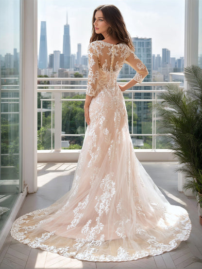 Robes de Mariée Sirène/Trompette Col en V Manches 3/4 avec Appliques en Dentelle