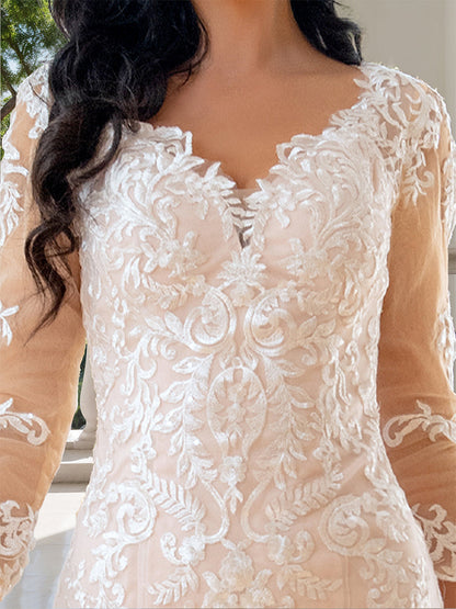 Robes de Mariée Sirène/Trompette Col en V Manches 3/4 avec Appliques en Dentelle