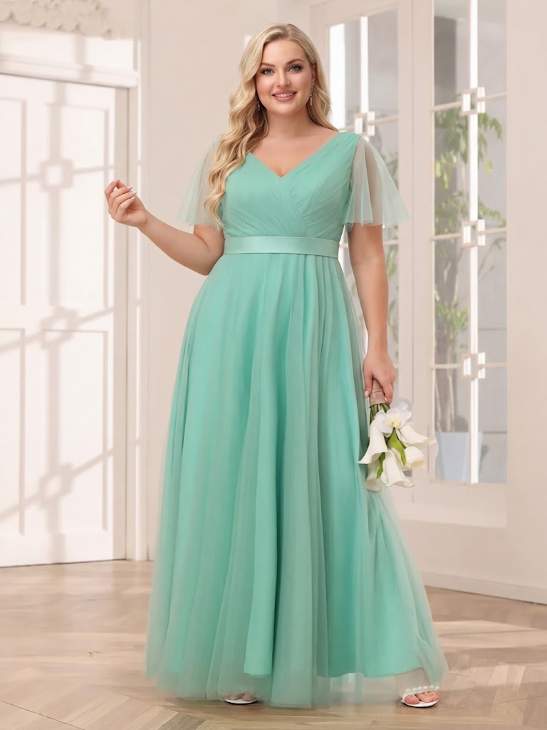 Robe de Demoiselled'Honneur Grande Taille, Coupe A-Line/Princesse, Longue en Tulle avec Manches