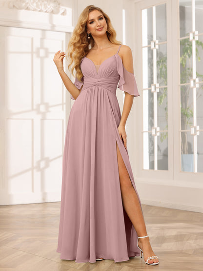 Forme Princesse Bretelles spaghetti Col en V Longue Robes de demoiselle d'honneur avec Côté fendu