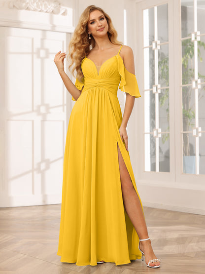 Forme Princesse Bretelles spaghetti Col en V Longue Robes de demoiselle d'honneur avec Côté fendu