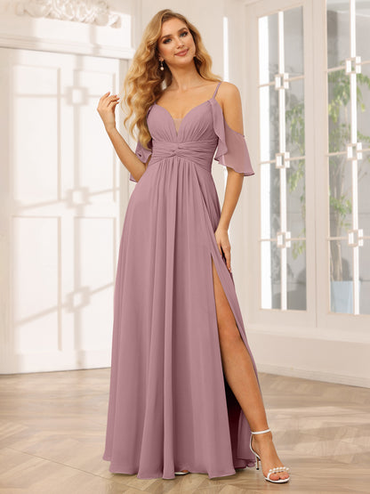 Forme Princesse Bretelles spaghetti Col en V Longue Robes de demoiselle d'honneur avec Côté fendu