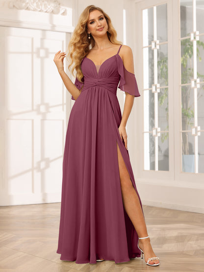 Forme Princesse Bretelles spaghetti Col en V Longue Robes de demoiselle d'honneur avec Côté fendu