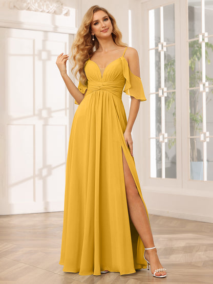 Forme Princesse Bretelles spaghetti Col en V Longue Robes de demoiselle d'honneur avec Côté fendu