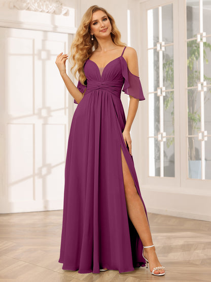 Forme Princesse Bretelles spaghetti Col en V Longue Robes de demoiselle d'honneur avec Côté fendu