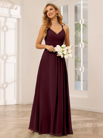 Forme Princesse Col V Longue Robes de demoiselle d'honneur avec Ruché