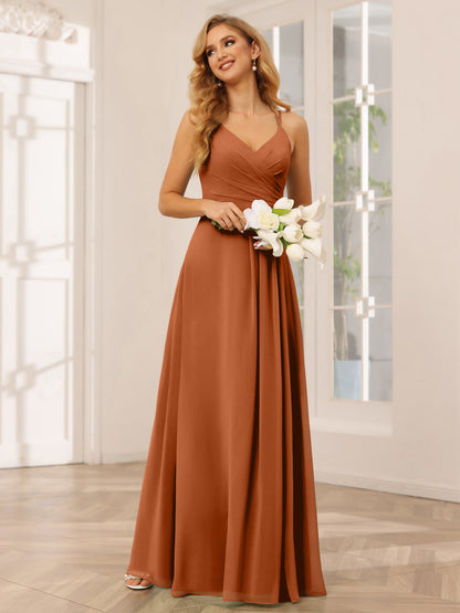 Forme Princesse Col V Longue Robes de demoiselle d'honneur avec Ruché