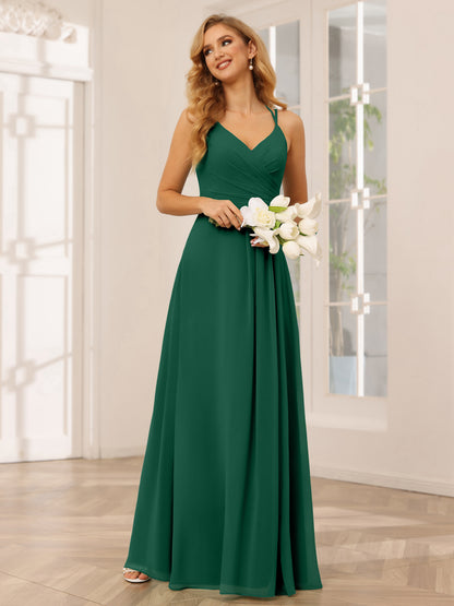 Forme Princesse Col V Longue Robes de demoiselle d'honneur avec Ruché