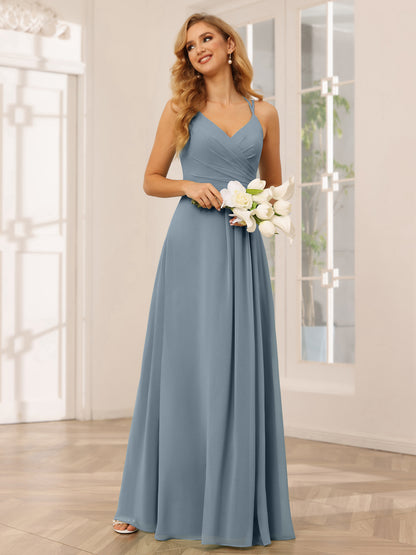 Forme Princesse Col V Longue Robes de demoiselle d'honneur avec Ruché