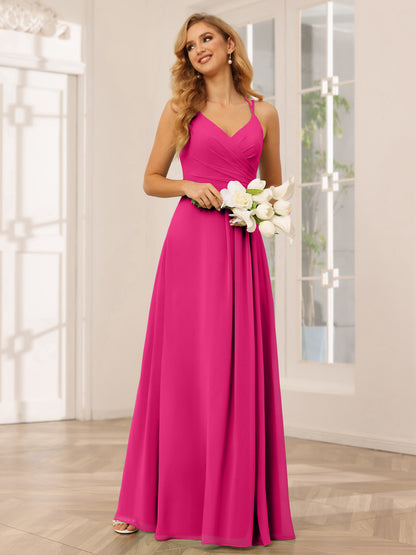 Forme Princesse Col V Longue Robes de demoiselle d'honneur avec Ruché