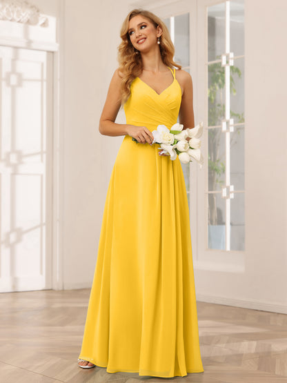 Forme Princesse Col V Longue Robes de demoiselle d'honneur avec Ruché