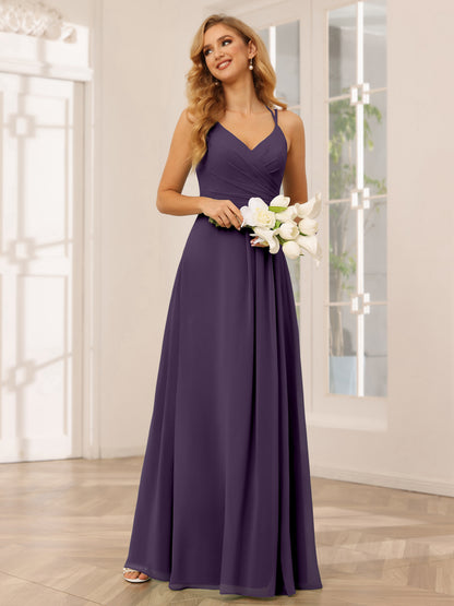 Forme Princesse Col V Longue Robes de demoiselle d'honneur avec Ruché