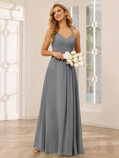 Forme Princesse Col V Longue Robes de demoiselle d'honneur avec Ruché