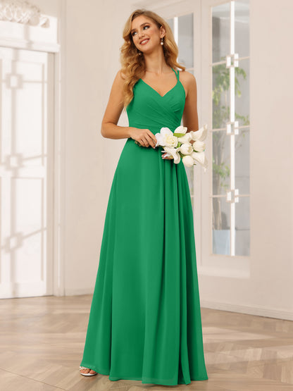 Forme Princesse Col V Longue Robes de demoiselle d'honneur avec Ruché