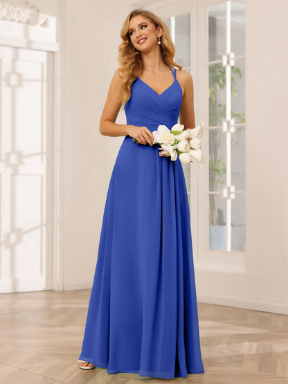 Forme Princesse Col V Longue Robes de demoiselle d'honneur avec Ruché