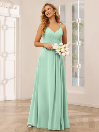 Forme Princesse Col V Longue Robes de demoiselle d'honneur avec Ruché