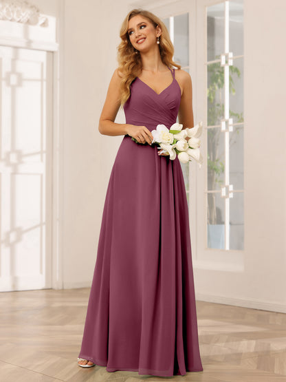 Forme Princesse Col V Longue Robes de demoiselle d'honneur avec Ruché