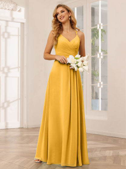 Forme Princesse Col V Longue Robes de demoiselle d'honneur avec Ruché