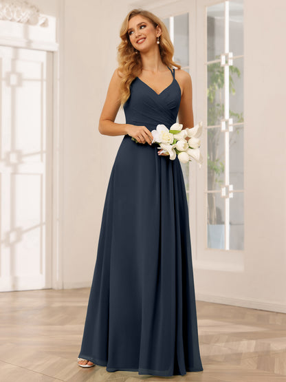 Forme Princesse Col V Longue Robes de demoiselle d'honneur avec Ruché