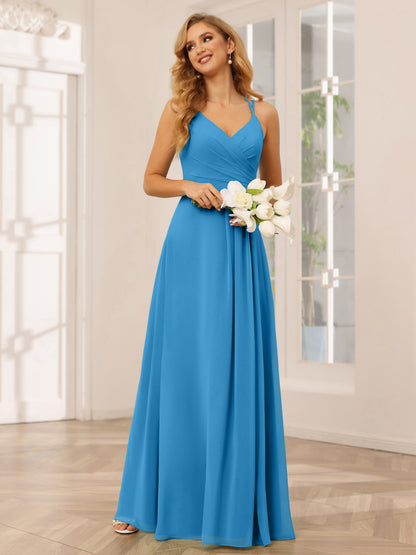 Forme Princesse Col V Longue Robes de demoiselle d'honneur avec Ruché