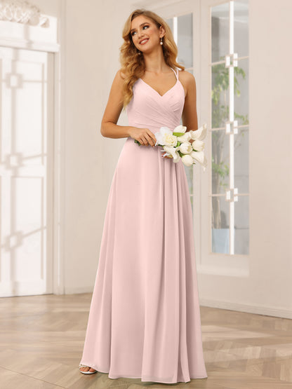 Forme Princesse Col V Longue Robes de demoiselle d'honneur avec Ruché