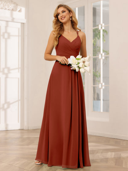Forme Princesse Col V Longue Robes de demoiselle d'honneur avec Ruché