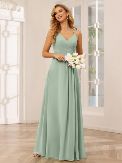 Forme Princesse Col V Longue Robes de demoiselle d'honneur avec Ruché