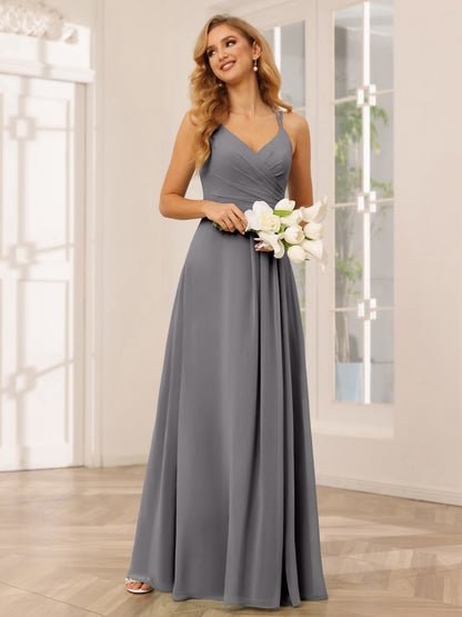 Forme Princesse Col V Longue Robes de demoiselle d'honneur avec Ruché