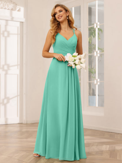 Forme Princesse Col V Longue Robes de demoiselle d'honneur avec Ruché