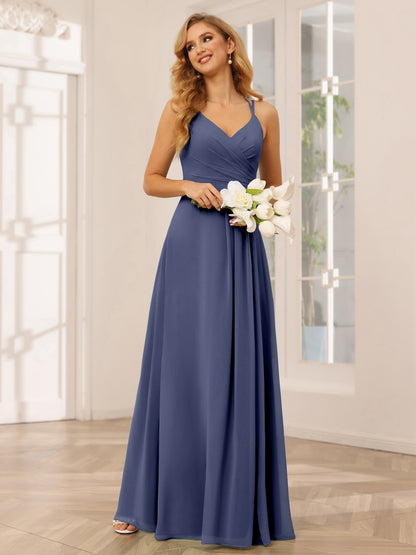 Forme Princesse Col V Longue Robes de demoiselle d'honneur avec Ruché