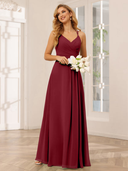 Forme Princesse Col V Longue Robes de demoiselle d'honneur avec Ruché