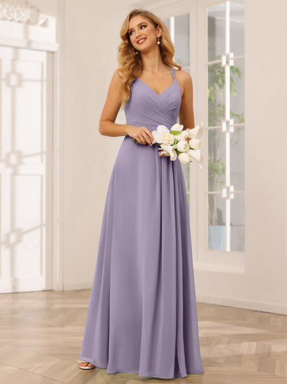 Forme Princesse Col V Longue Robes de demoiselle d'honneur avec Ruché
