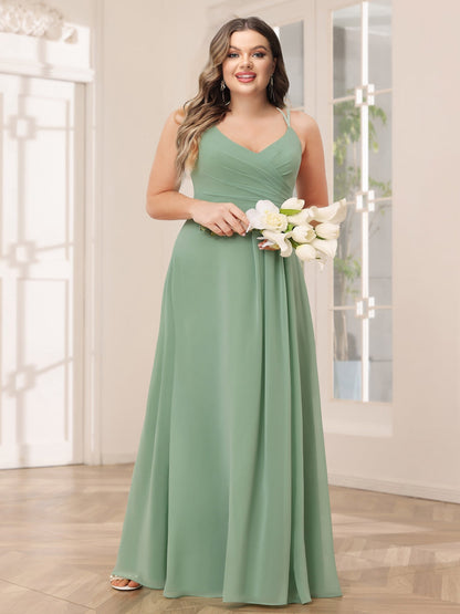 Robe de Demoiselled'Honneur Grande Taille Longue à Col en V et Coupe Princesse avec Fronces