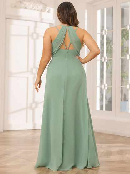 Robe de Demoiselled'Honneur Grande Taille Longue à Col en V et Coupe Princesse avec Fronces