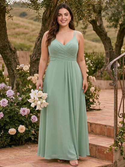 Robe Longue de Demoiselle d'Honneur Grande Taille Ligne A/Princesse Col en V Sans Manches avec Plis Ruchés